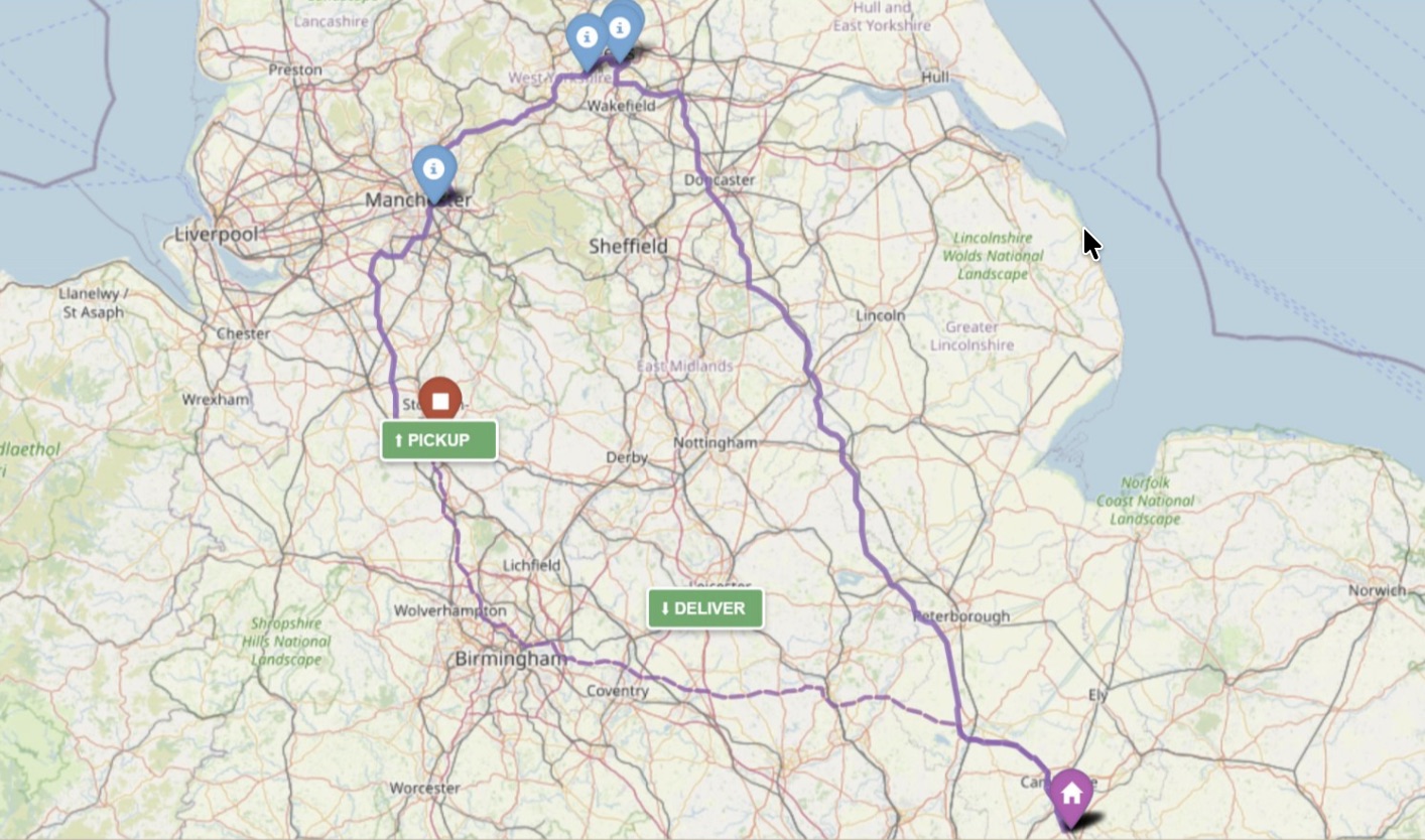 Anteam Reload route map showing a matched backload: pickup near Manchester and delivery near Cambridge slotted into a planned route running from West Yorkshire down through the Midlands